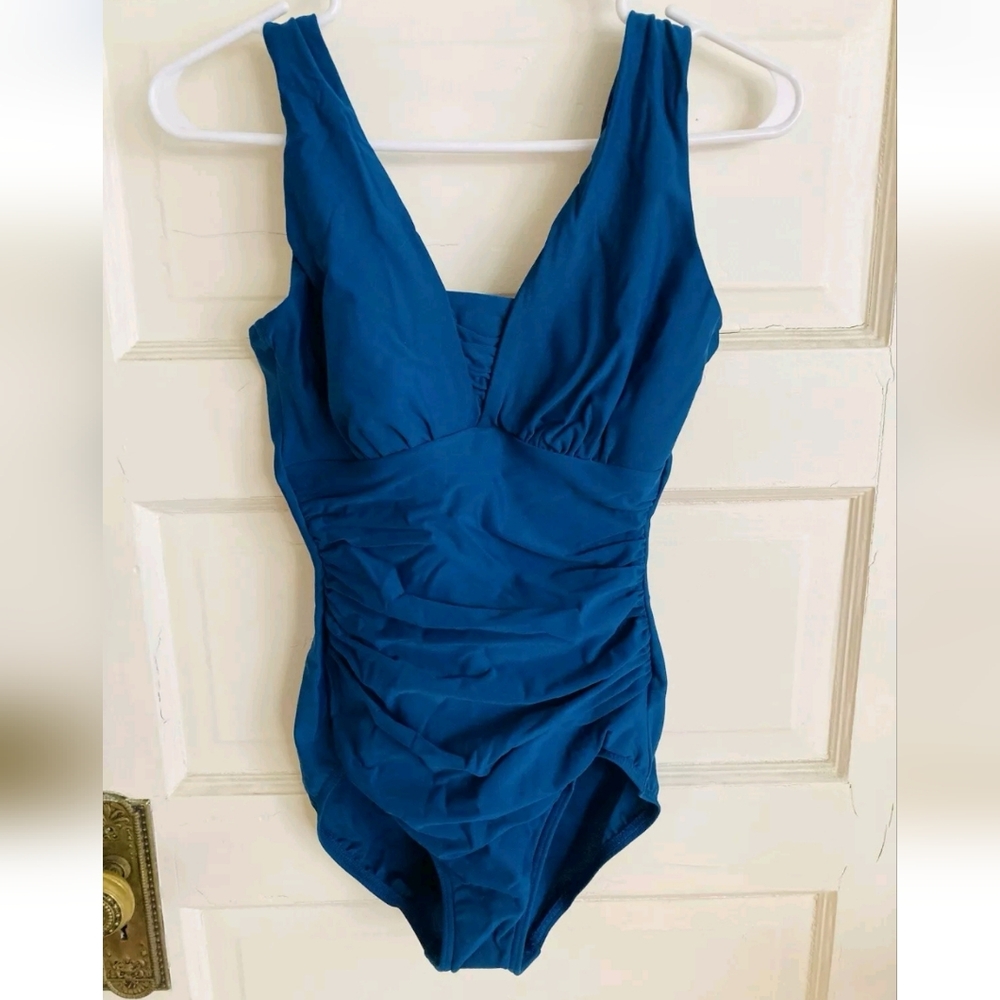 Lands End Grecian Slendersuit One Piece Swimsuit, Teal, Size 8 Long, D Cup